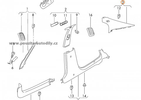 Panel sloupku C pravý horní 3T5867288C Superb 2 3T limuzína